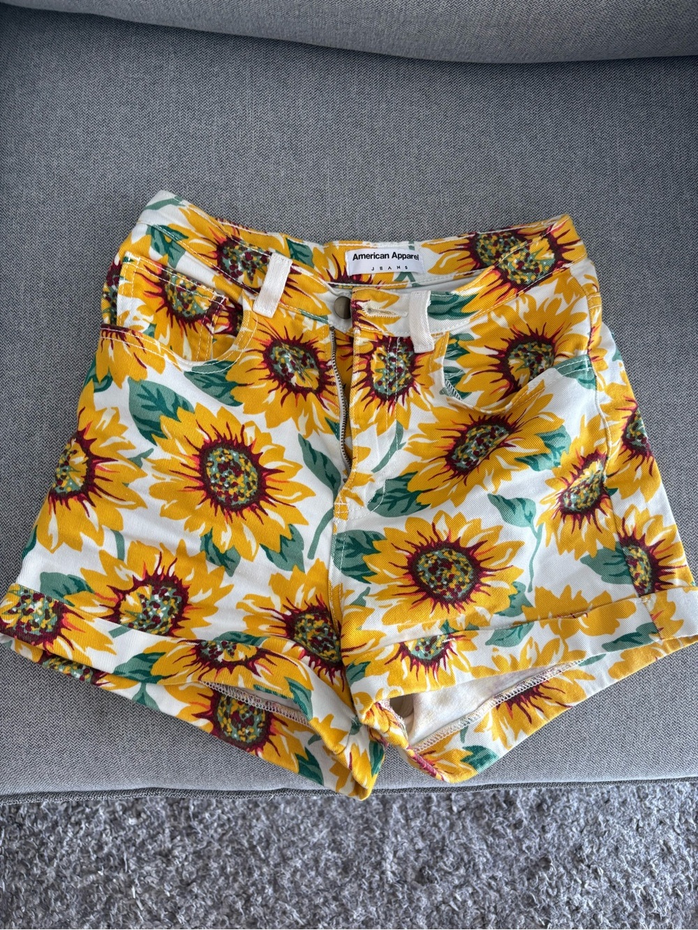 American Apparel Sunflower Print Jean Shorts — Yellow/White/Green